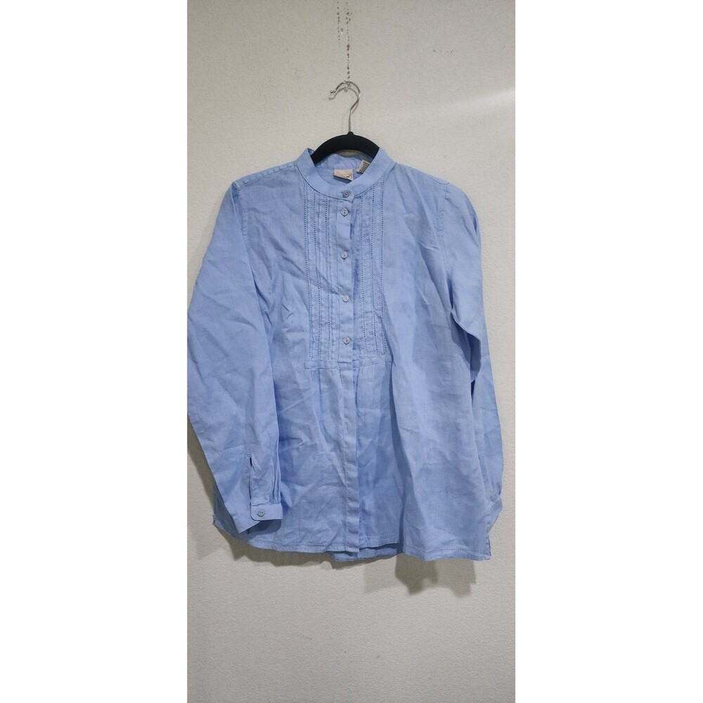 LL Bean Pintuck Henley 100% Linen Long Sleeve Button Up Blue Womens Size Small